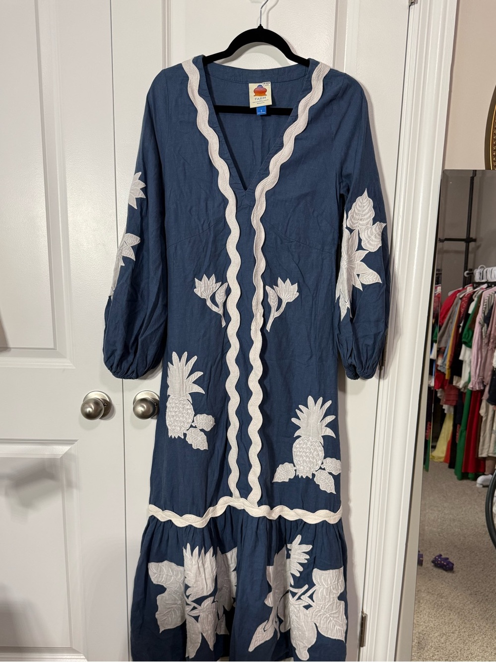 Farm Rio Blue Chambray Top with Cream Scalloped Trim